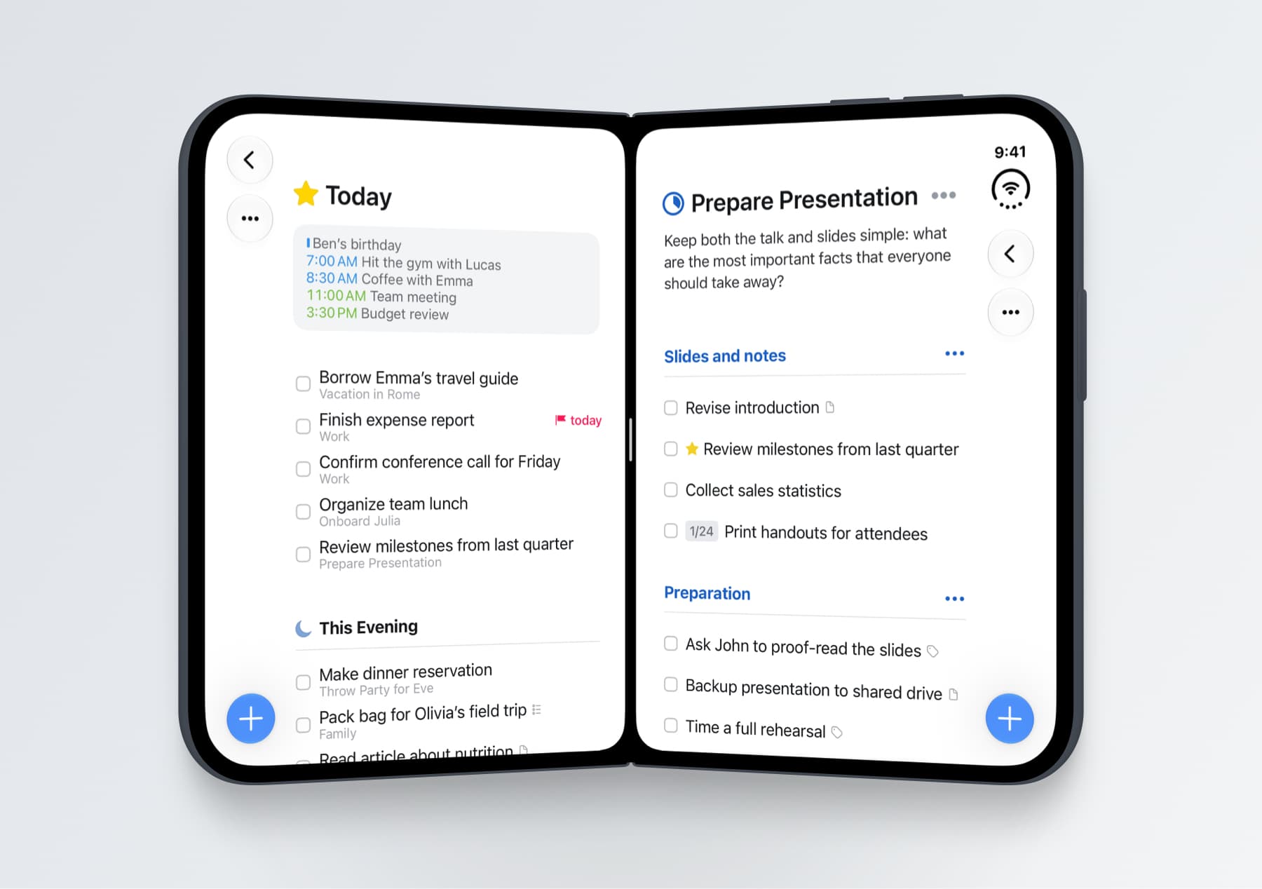 Developer image: a partially folded iPhone Duo with two Things lists
